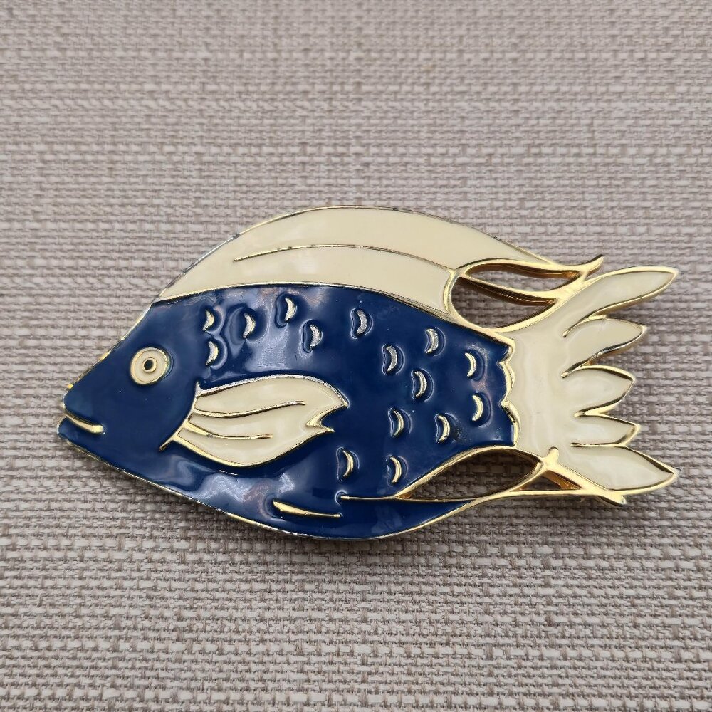 Enamel Blue And Ivory Ecru Design Fish Large Belt Buckle B1074
